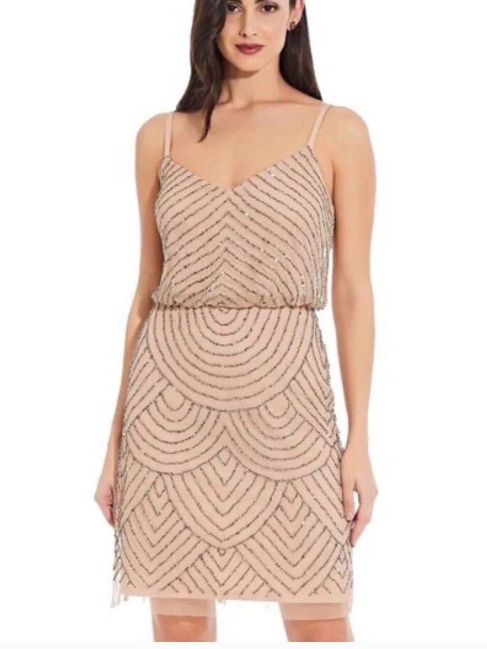 Adrianna Papell Nude Blush Beaded Spaghetti-Strap Mini Dress